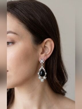 My Style NWT Black Silver-Tone Teardrop Crystal Drop Dangle Earrings